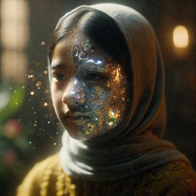 The primary subject of the image is a young girl with a unique and artistic appearance. She is wearing a headpiece that features a combination of glitter, gold, and silver elements. The setting is a dark room, which adds to the dramatic and mysterious atmosphere of the scene. The visual style of the image is a mix of digital art and illustration, creating a striking and eye-catching portrait. The colors and mood of the image are predominantly dark and moody, with the glittering head